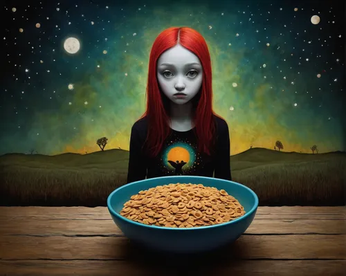 Imagine a girl with a cereal bowl, feeling excited and participating in a competitive eating contest.,girl with cereal bowl,cat food,cereal grain,cereals,cereal,field of cereals,goji,surrealism,sci fi