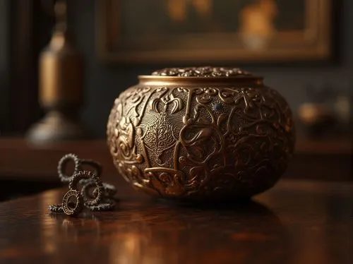 ornate pocket watch,antique background,aranmula,antiqued,copper vase,oil lamp,carved wood,wooden ball,3d render,still life photography,vintage lantern,ornament,incense with stand,antique style,incense burner,3d object,calabash,ornaments,golden pot,ring with ornament,Photography,General,Realistic