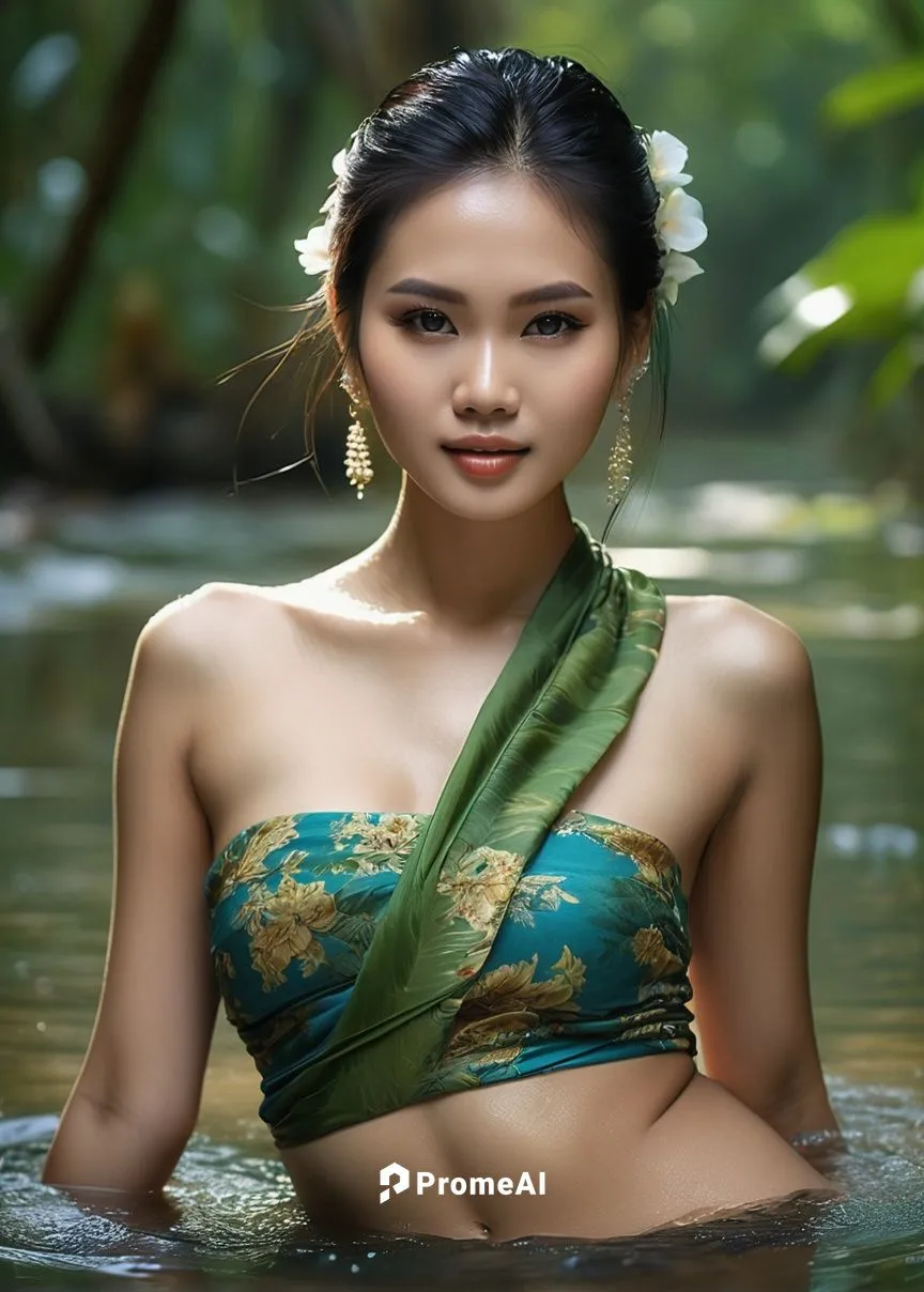 Beautiful Thai woman,dressed in a sarong  bathing suit sitting in a body of water, gorgeous chinese model, detailed body, vine dress, cambodia, photo blurring, wet make - up, in deep forest hungle, fu