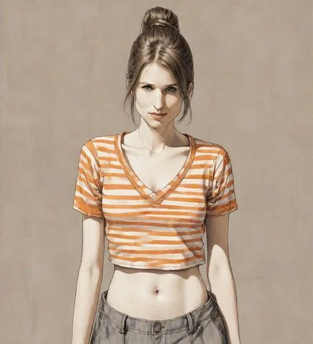 girl-in-pop-art,clementine,young woman,lori,girl in t-shirt,croft,portrait of a girl,girl in a long,waitress,chalk drawing,art model,cotton top,girl with cloth,horizontal stripes,photo painting,female model,girl portrait,portrait background,diet icon,jeans background,Digital Art,Ink Drawing