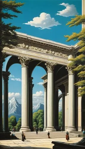 pillars,neoclassicism,neoclassical,three pillars,ancient city,columns,neoclassic,tirith,temples,civ,travel poster,ancient civilization,citadels,neotraditional,classicism,mcquarrie,marble palace,logopolis,victory gate,classical antiquity,Art,Artistic Painting,Artistic Painting 06