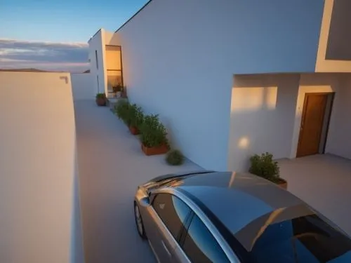 an aerial po of a house at sunset,landscape design sydney,3d rendering,fresnaye,dunes house,landscape designers sydney,roof landscape,driveways,render,exterior decoration,folding roof,cubic house,gard