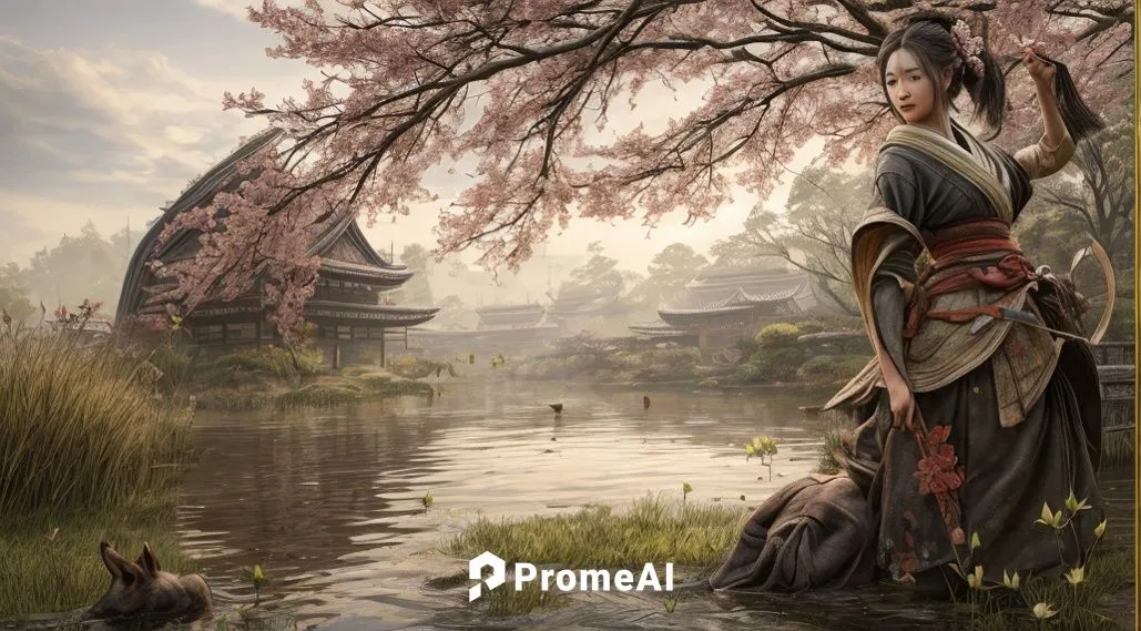  woman children ai summer queen in garden horse wagon lotus pond,goki,yi sun sin,fantasy picture,tsukemono,japan landscape,japanese sakura background,chinese art,japanese art,fantasy landscape,backgro