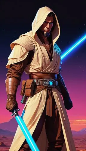 Male Jedi Knight, strong facial features, sharp jawline, brown hair tied back in ponytail, wispy beard, piercing blue eyes, worn leather gloves, beige robes with hood up, utility belt with silver buck