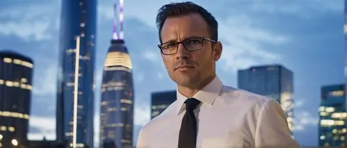 Middle-aged man, architect, solo, (40yo), glasses, short brown hair, trimmed beard, white shirt, black tie, formal suit, standing, holding blueprints, urban cityscape, modern skyscraper, steel and gla