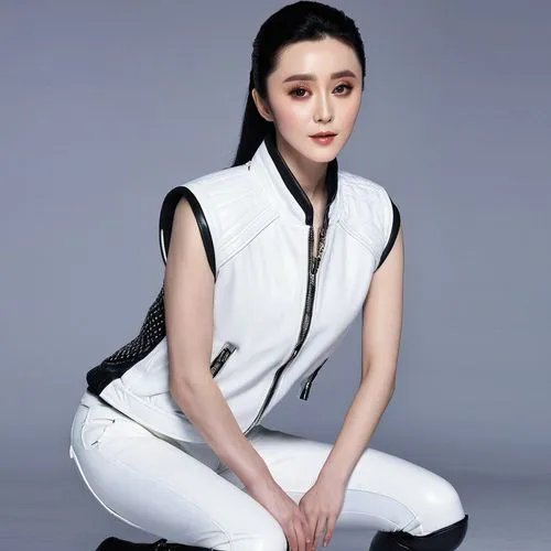 范冰冰，白色运动背心，黑色皮裤，跪着，面向拍摄者,xiaoqing,yifei,xiuqiong,xiaojie,qiong,tonghe,ziyi,xuan lian,daqian,jiaqi,jianyin,xiaoqiu,linghui,yingjie,xiaozhao,xuebing,yanqiu,wangjialing,xiaofei,zuoying,Photography,Genera