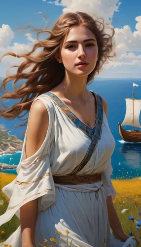 the wind from the sea,artemisia,fantasy picture,world digital painting,aegean,the sea maid,little girl in wind,lycaenid,thracian,elaeis,athenian,athene brama,mayweed,jessamine,girl on the boat,girl in