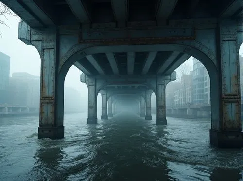 under the bridge,bridge piers,undercurrent,submerged,highway bridge,flooded pathway,floodwater,floodwaters,waterfronts,underpass,underpasses,storm surge,flooded,overbridges,underbelly,railroad bridge,waterway,inundation,floodgate,overbridge,Photography,General,Realistic