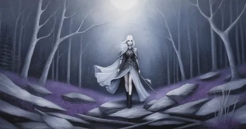 a painting of a lady walking down the path in the woods,the snow queen,white rose snow queen,mirkwood,eternal snow,isoline,sephiroth,wodrow,thranduil,seelie,toshiro,drow,celeborn,swath,white fox,brynh