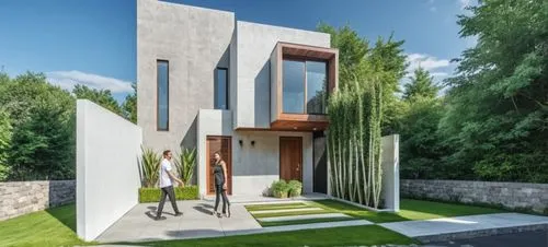 CASA ESTILO MINIMALISTA UBICADA, COMBINANDO LOS COLORES VIBRNTES DE LA ARQUITECTURA MEXICANA Y LA PIEDRA DE RECINTO,  EN UN FRACCIONAMIENTO CON VEGETACIÓN EXUBERANTE, PERSONAS,ARBOLES, PALMERAS, CORRE