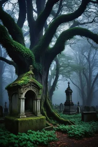 forest cemetery,moss landscape,old graveyard,resting place,forest chapel,haunted forest,graveyards,graveyard,the grave in the earth,cemetary,the roots of trees,burial ground,fairytale forest,enchanted forest,witch's house,cemetery,old cemetery,holy forest,haunted cathedral,cemetry,Illustration,Retro,Retro 26