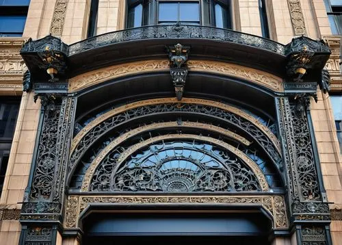 Louis Sullivan architecture style, skyscraper, Art Nouveau, ornate terra cotta ornamentation, vertical columns, geometric patterns, steel frame structure, grand entrance, intricate ironwork, Chicago c