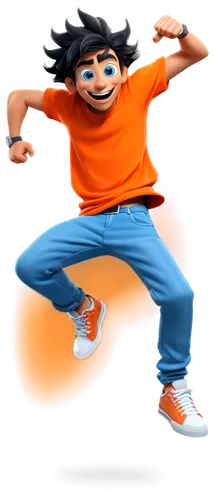 Cartoon character, Bonk, comical expression, blue skin, big eyes, goofy smile, messy black hair, casual wear, orange T-shirt, ripped jeans, sneakers, dynamic pose, jumping action, soft shading, vibran