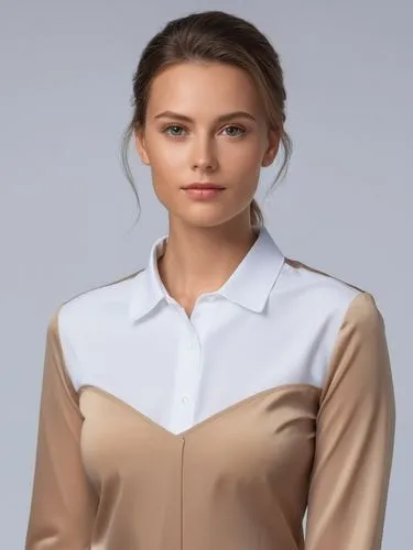 Full-size sample portrait,a woman wearing a tan and white blouse,women's clothing,secretarial,women clothes,female model,multinvest,blouse,Photography,General,Realistic