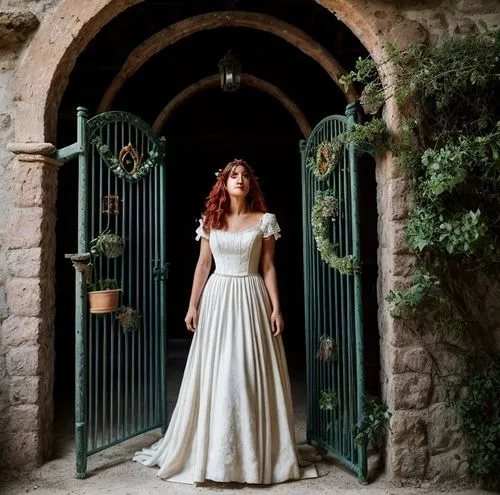 Scene: Catalina de los Rios Catalina de los Ríos y Lisperguer (La Quintrala) from Chile, beautiful, standing facing forward, wearing period clothing, with a wrought iron gate in the background of a ha