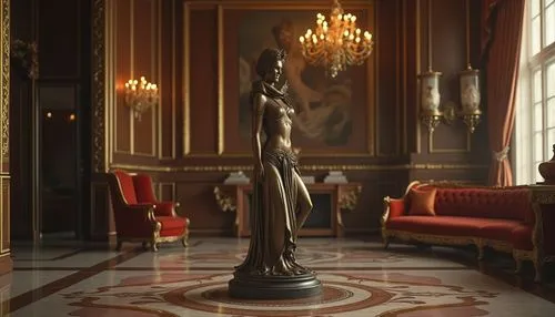 Bronze statue, luxurious interior, antique vase, ornate frame, lavish chandelier, marble floor, intricate patterns, velvet couch, bronze legs, carved wooden table, rich texture, warm lighting, 3/4 com