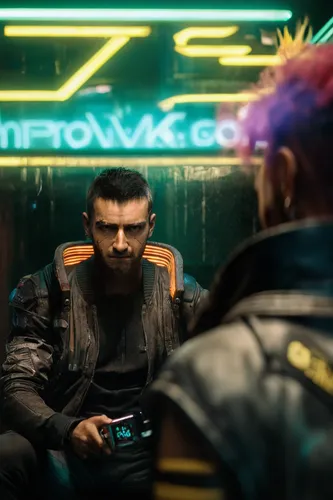 v from cyberpunk 2077,cyberpunk,mohawk,confrontation,shepard,neon human resources,consultation,conversation,barber shop,gamer zone,zero,punk,barbershop,man on a bench,dialog boxes,dialogue window,vide