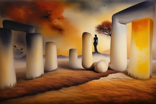 standing stones,world digital painting,surrealism,megaliths,background with stones,monoliths,henge,megalithic,fantasy art,art background,landscape background,fantasy landscape,fantasy picture,background design,art painting,post-apocalyptic landscape,art deco background,desertion,abstract cartoon art,gallifrey,Illustration,Paper based,Paper Based 24