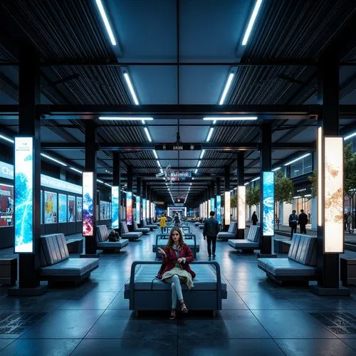 Futuristic tram station, sleek metallic surfaces, neon lights, holographic advertisements, dynamic LED displays, high-contrast color schemes, industrial-chic benches, minimalist waiting areas, futuris