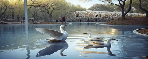 Improve the definition of shapes, more natural birds,two white swans in water with a man standing near by,dromaeosaur,diplodocus,cloaca,oviraptorids,plesiosaurs,clomid