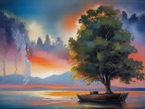 landscape background,river landscape,coastal landscape,nature landscape,boat landscape,fantasy landscape,forest landscape,an island far away landscape,landscape nature,natural landscape,art painting,sea landscape,background view nature,evening lake,oil painting on canvas,lone tree,oil painting,isolated tree,home landscape,painted tree,Illustration,Paper based,Paper Based 04