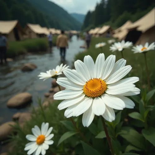 The image features a close-up view of a group of white daisies in bloom. The daisies are characterized by their white petals and prominent yellow-orange centers. The focus is primarily on one daisy in