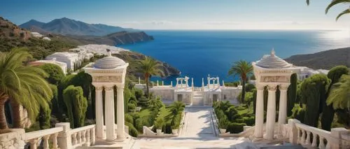 Ancient Greek-inspired buildings, marble columns, ornate capitals, grand entrance, intricate carvings, white stone walls, blue domes, sprawling staircases, lush greenery surroundings, bright sunny day