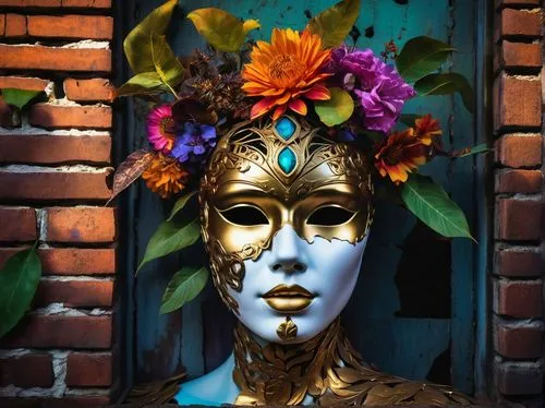 venetian mask,artist's mannequin,masquerade,headpiece,girl in a wreath,golden wreath,headdress,mascarade,headpieces,headress,bohemian art,the carnival of venice,golden mask,day of the dead frame,pintados,garden sculpture,floral decoration,garden decor,terracotta flower pot,gold mask,Photography,Artistic Photography,Artistic Photography 08