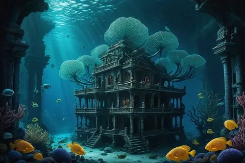 underwater playground,under sea,house of the sea,aquarium,under the sea,underwater landscape,undersea,ocean underwater,sunken church,underwater oasis,underwater background,deep sea nautilus,ocean floor,the bottom of the sea,apiarium,underwater world,deep sea,mushroom island,coral reef,bottom of the sea,Illustration,Realistic Fantasy,Realistic Fantasy 17