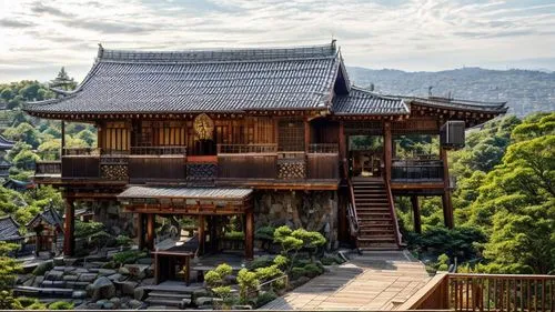 a building with stone stairs next to it and a steep hill in the background,asian architecture,kiyomizu,the golden pavilion,golden pavilion,yamashiro,teahouse,Architecture,General,Japanese Traditional,