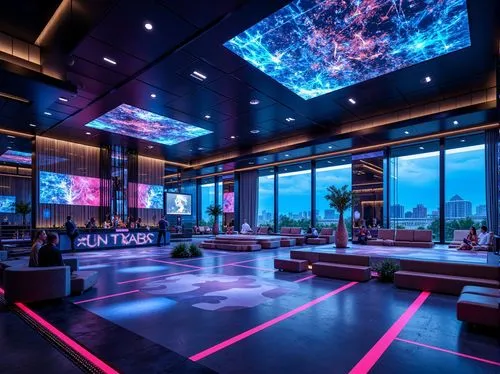 Futuristic nightclubs, neon-lit dance floors, pulsing LED lights, holographic projections, metallic accents, mirrored ceilings, glossy black surfaces, sleek minimalist bars, glowing cocktail counters,