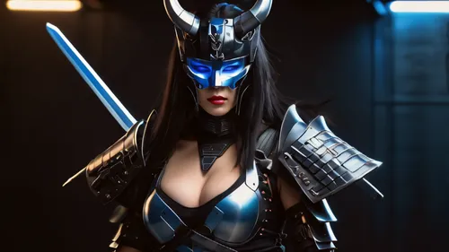 female warrior,huntress,cosplay image,blue enchantress,symetra,katana,fantasy woman,dark elf,breastplate,fantasy warrior,warrior woman,cosplayer,nova,awesome arrow,cosplay,alien warrior,goddess of justice,widow,armored,blue demon,Photography,General,Natural