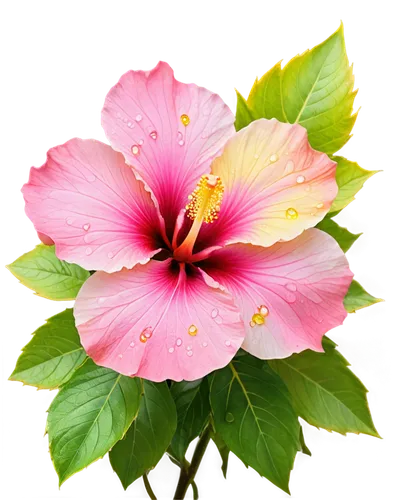 Hibiscus flower, large petals, pink and yellow gradient colors, delicate edges, center stigma, green stem, leaves with serrated edges, morning dew drops, soft natural light, close-up shot, 1/2 composi