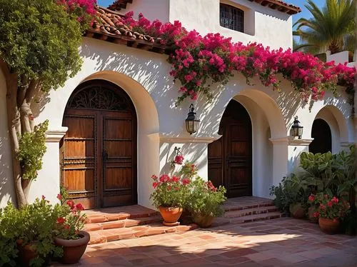 Spanish Mission style architecture, white stucco walls, curved arches, red terracotta roof tiles, ornate wooden doors, intricate ironwork, bell tower, vibrant bougainvillea flowers, lush greenery, sun