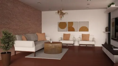 A living room in a modern style, with a wall covered in bricks,a room with brick wall and two chairs, a couch and table,modern living room,modern minimalist lounge,3d rendering,home interior,interior 