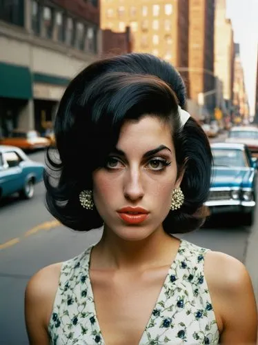 A very pretty young woman with a very strong Amy Winehouse-style eye line and short dress in 1969 in a New York street,retro woman,60's icon,1960's,60s,retro women,retro girl,gena rolands-hollywood,50