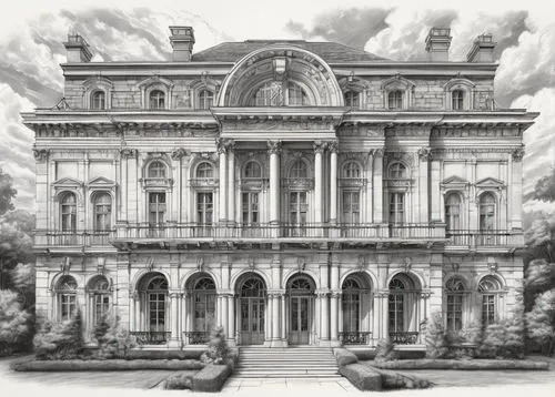 piranesi,driehaus,marble palace,apthorp,neoclassical,peabody institute,palladian,italianate,brownstone,athenaeum,neoclassicist,corinthian,the palace,mansard,penciling,nypl,palladianism,victoriana,schuitema,facade painting,Illustration,Black and White,Black and White 30