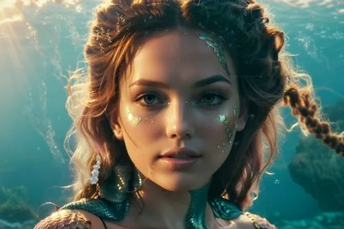 mermaid, real,a close - up of a girl wearing a costume under the water,dyesebel,atlantica,mermaid background,shannara,underwater background,believe in mermaids,Photography,General,Realistic