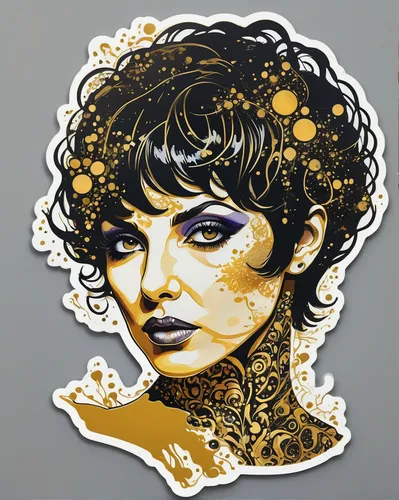 Sticker design Masterpiece, slim blck outline, vector art, symmetrical, ferrofluid ink drawing of LIZA MINELLI, perfect muscular hardbody, multi exposure, liquid gold splatter, by Agnes Cecile|Walt Di