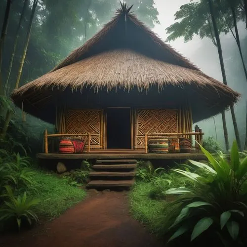 Traditional indigenous hut, tribal patterns, woven bamboo walls, thatched roof, wooden door, intricate carvings, colorful textiles, natural surroundings, lush green forest, misty atmosphere, soft warm