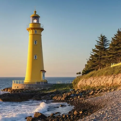 Yellow lighthouse by the sea in the early morning,point lighthouse torch,crisp point lighthouse,electric lighthouse,lighthouses,battery point lighthouse,timaru,phare,warrnambool,rubjerg knude lighthou