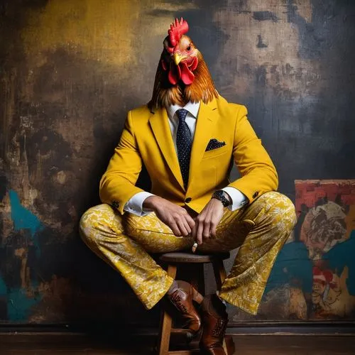 Create an image of an anthropomorphic expressionistic chicken, seated in a vintage urban setting, dressed in a stylish yellow jacket and printed pants, exuding a cool, relaxed vibe. The chicken should