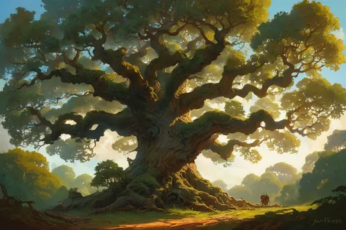 In the depths of the forest, a mighty oak tree raised its branches towards the sky.,oak tree,flourishing tree,rosewood tree,oak,forest tree,old tree,old gnarled oak,celtic tree,dragon tree,tree of lif