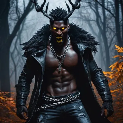 RWBY Wendigo, male, muscular, intimidating aura, sharp teeth, glowing yellow eyes, rugged fur, dark brown skin, torn clothing, ripped jeans, black leather jacket, silver chains, intense facial express