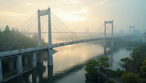 Eco-friendly bridge architecture, curved steel beams, cable-stayed suspension, pedestrian walkways, cycling lanes, solar-powered lighting systems, recycled concrete materials, green roofs, rainwater h