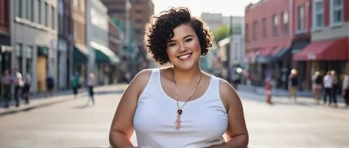 bbw, short hair, curly bob, bright smile, dimples, subtle blush, elegant necklace, white tank top, high-waisted jeans, black heels, confident pose, standing, urban background, city street, daytime, so