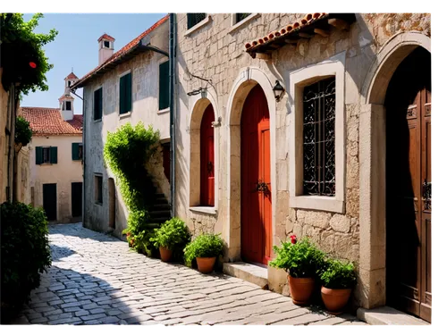 Croatian old town scene, medieval architecture, red-tiled roofs, narrow cobblestone streets, ancient stone walls, ornate wooden doors, flower-filled balconies, morning sunlight casting long shadows, 3