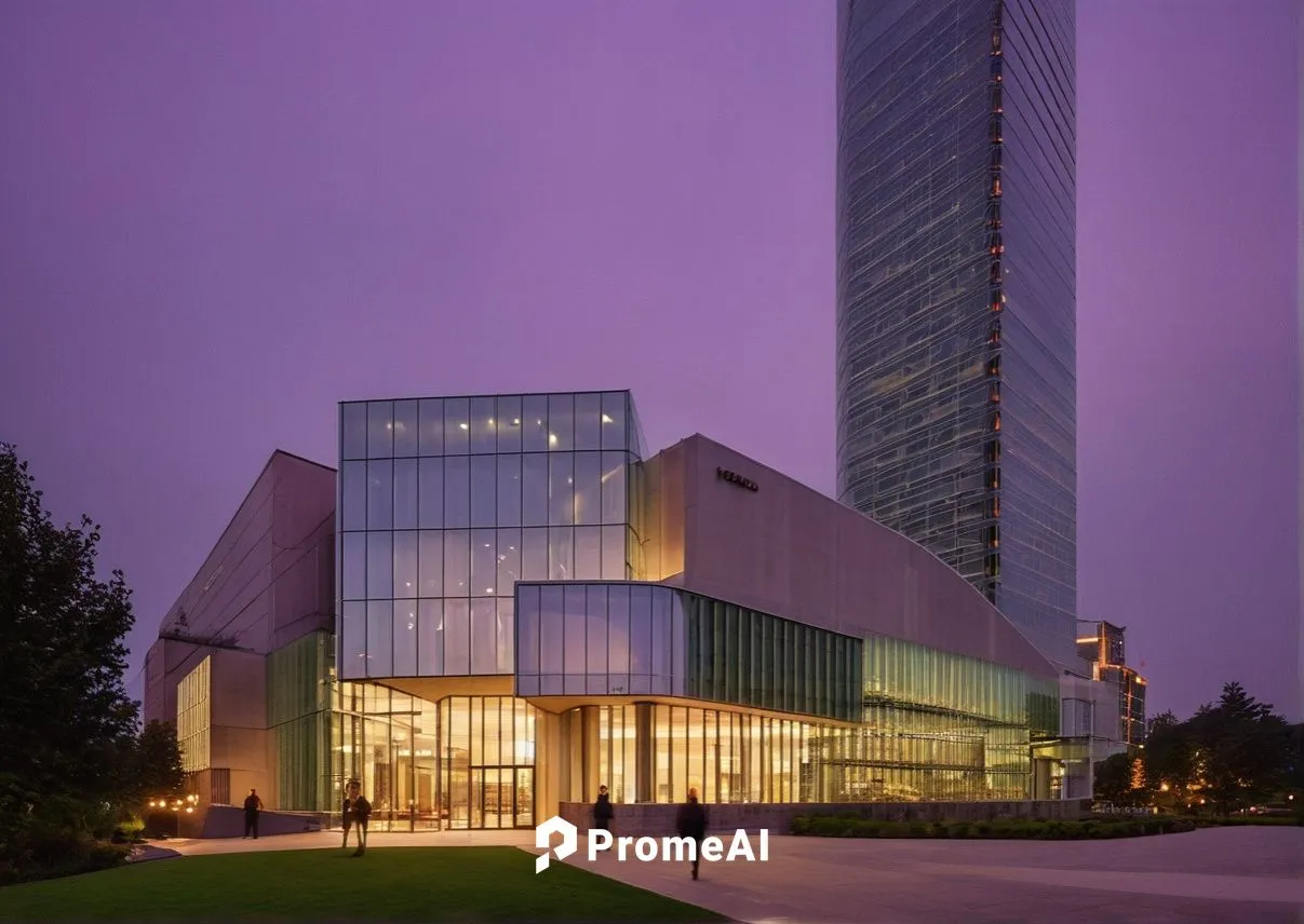 (dusk:1.5),toronto city hall,christ chapel,performing arts center,glass facade,northeastern,new building,hongdan center,convention center,philharmonic hall,glass facades,pc tower,danube centre,toronto