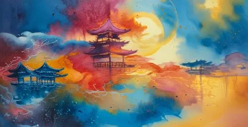 palyul,oriental painting,shanghai disney,wolong,barongsai,mid-autumn festival,Illustration,Paper based,Paper Based 24