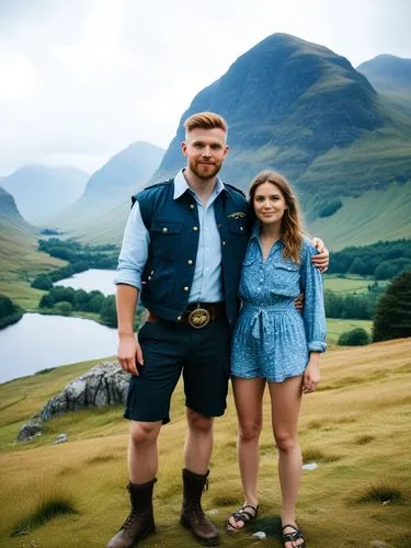 A lovely reminder of my summer vacation in Glencoe, which I spent this year with my great friends Orion Ashford and Elara Silberstern.,young couple standing in front of mountains dressed up as cowboys